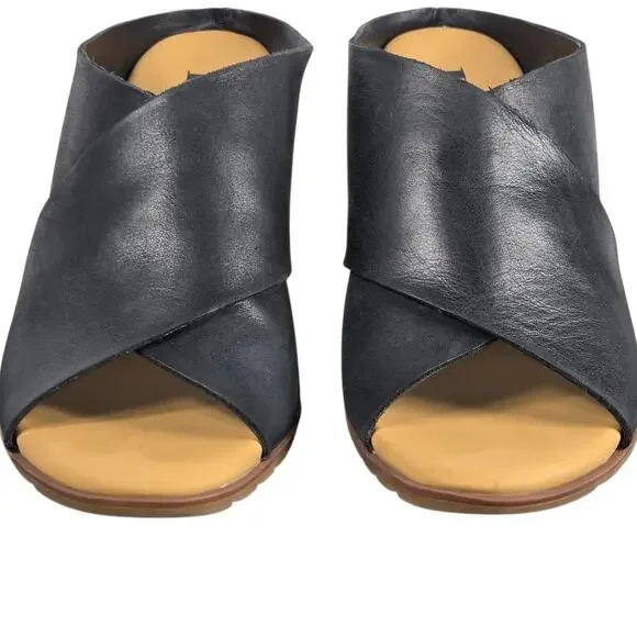 Korks Violetta Wedge Sandals Womens 7 Black Leather Criss Cross Comfy Vacation - Picture 7 of 11